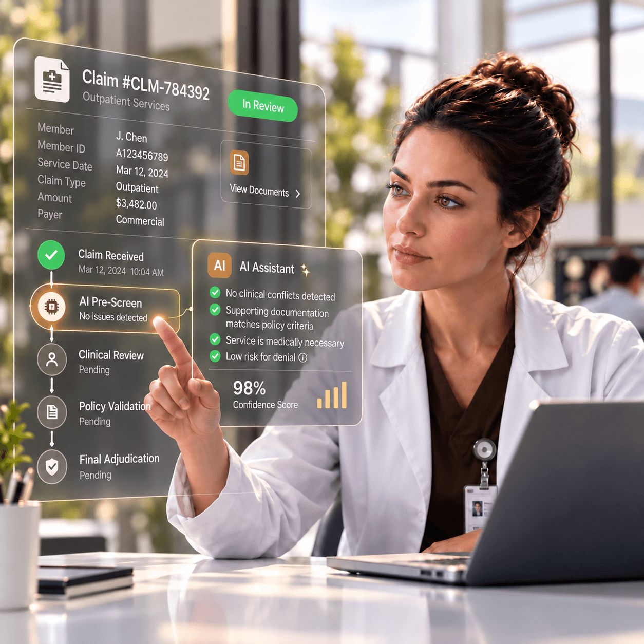 A clinician reviews a claim on a glass display: claim timeline, AI pre-screen with no issues detected, and an AI Assistant reporting a 98% confidence score