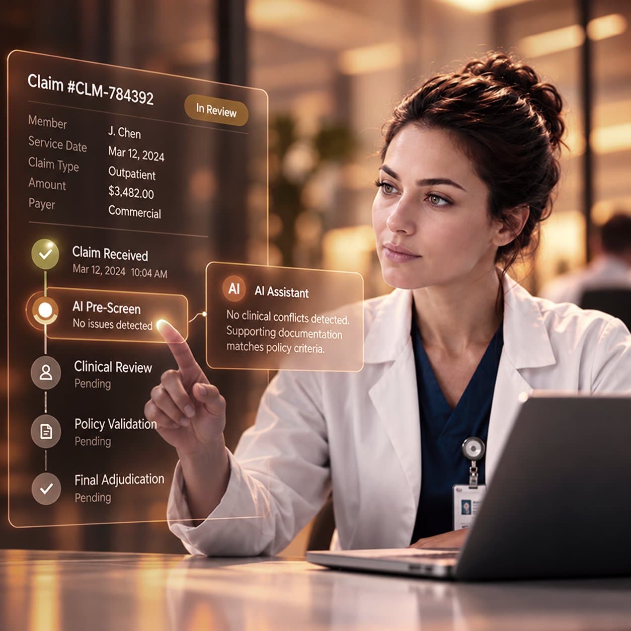 A clinical reviewer checks an AI pre-screen result on a claim timeline