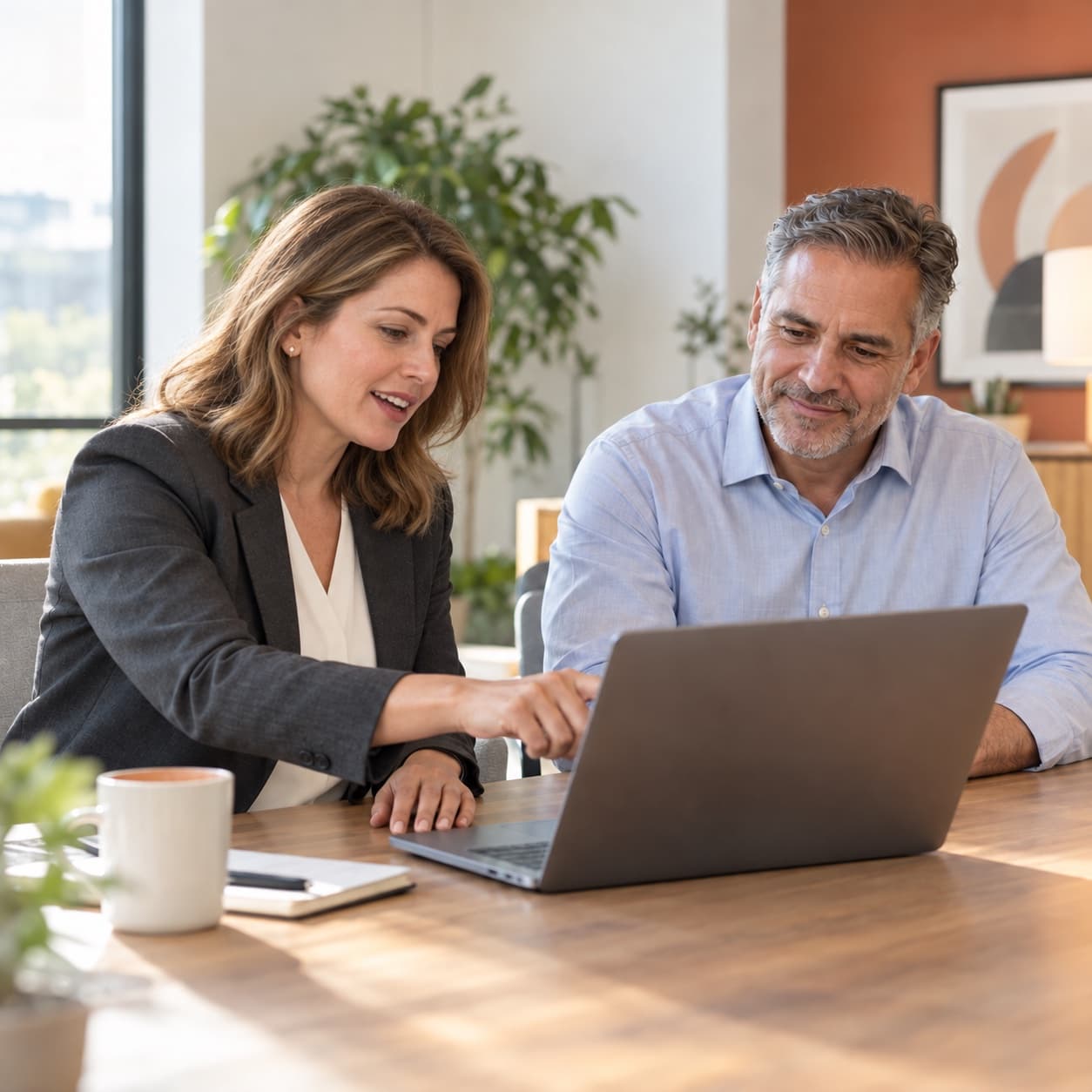 A HealthBay expert guiding a customer through ClaimsBay on a laptop